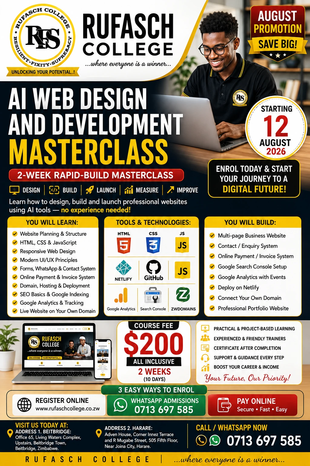 Rufasch College AI Web Design and Development Masterclass August Promotion flyer
